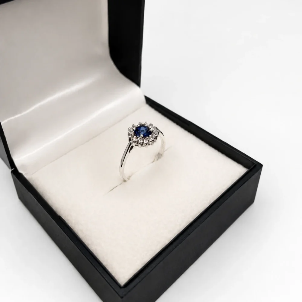 925 Silver Blue Sapphire & American Diamond Halo Ring