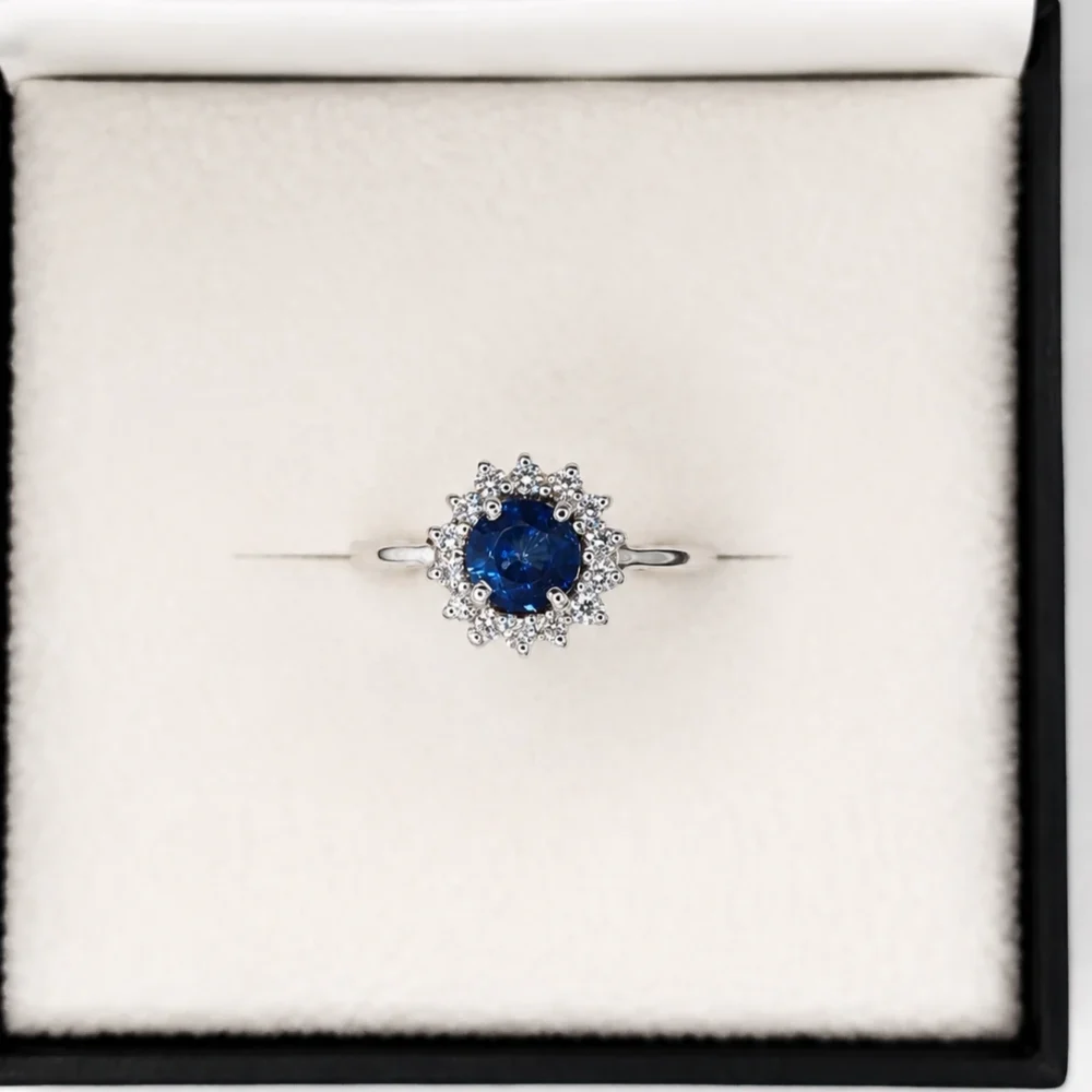 925 Silver Blue Sapphire & American Diamond Halo Ring