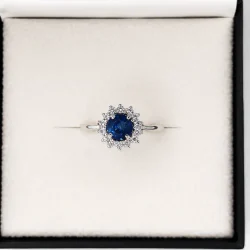 925 Silver Blue Sapphire & American Diamond Halo Ring