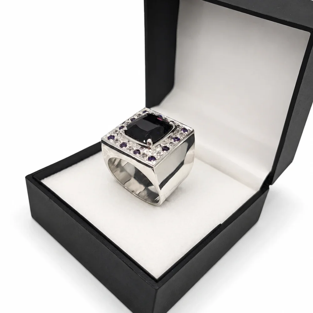 925 Silver Deep Violet Amethyst & American Diamond Statement Ring