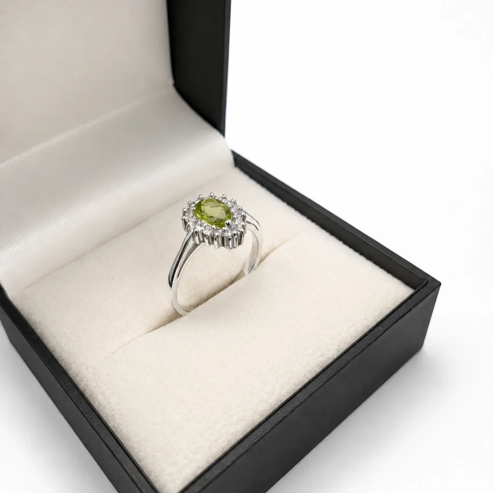 925 Sterling Silver Pear-Shaped Peridot & American Diamond Halo Ring