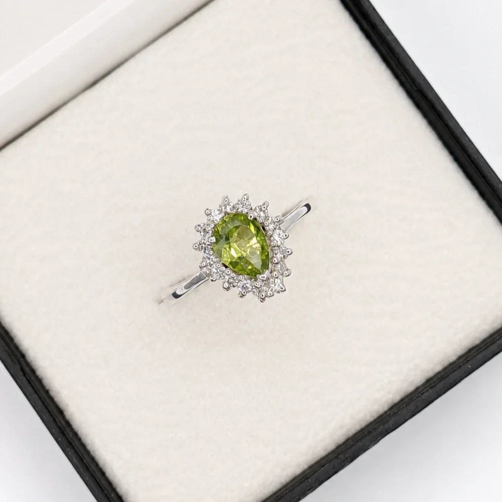 925 Sterling Silver Pear-Shaped Peridot & American Diamond Halo Ring