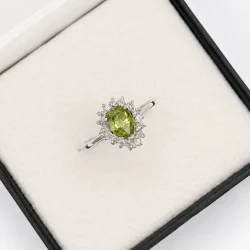 925 Sterling Silver Pear-Shaped Peridot & American Diamond Halo Ring