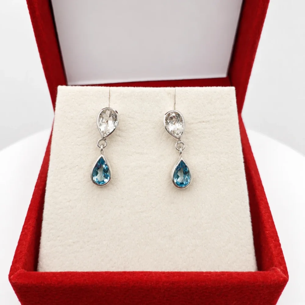 925 Silver Blue Topaz & White Sapphire Drop Earrings