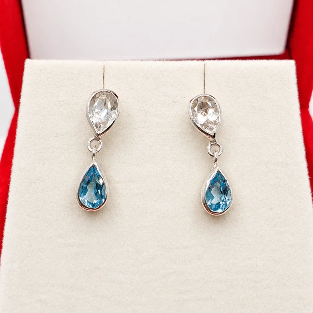 925 Silver Blue Topaz & White Sapphire Drop Earrings