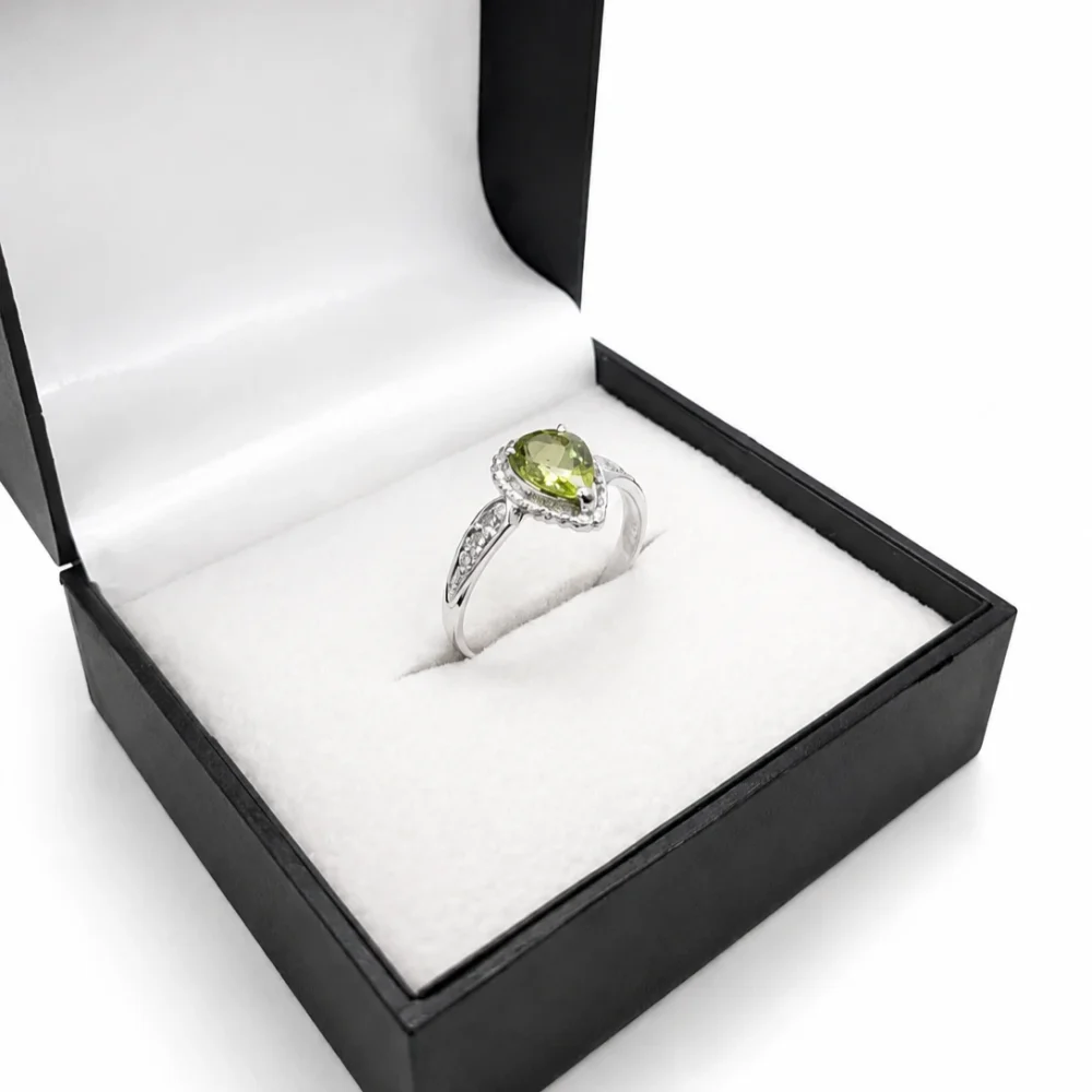 925 Silver Pear-Shaped Peridot & American Diamond Ring