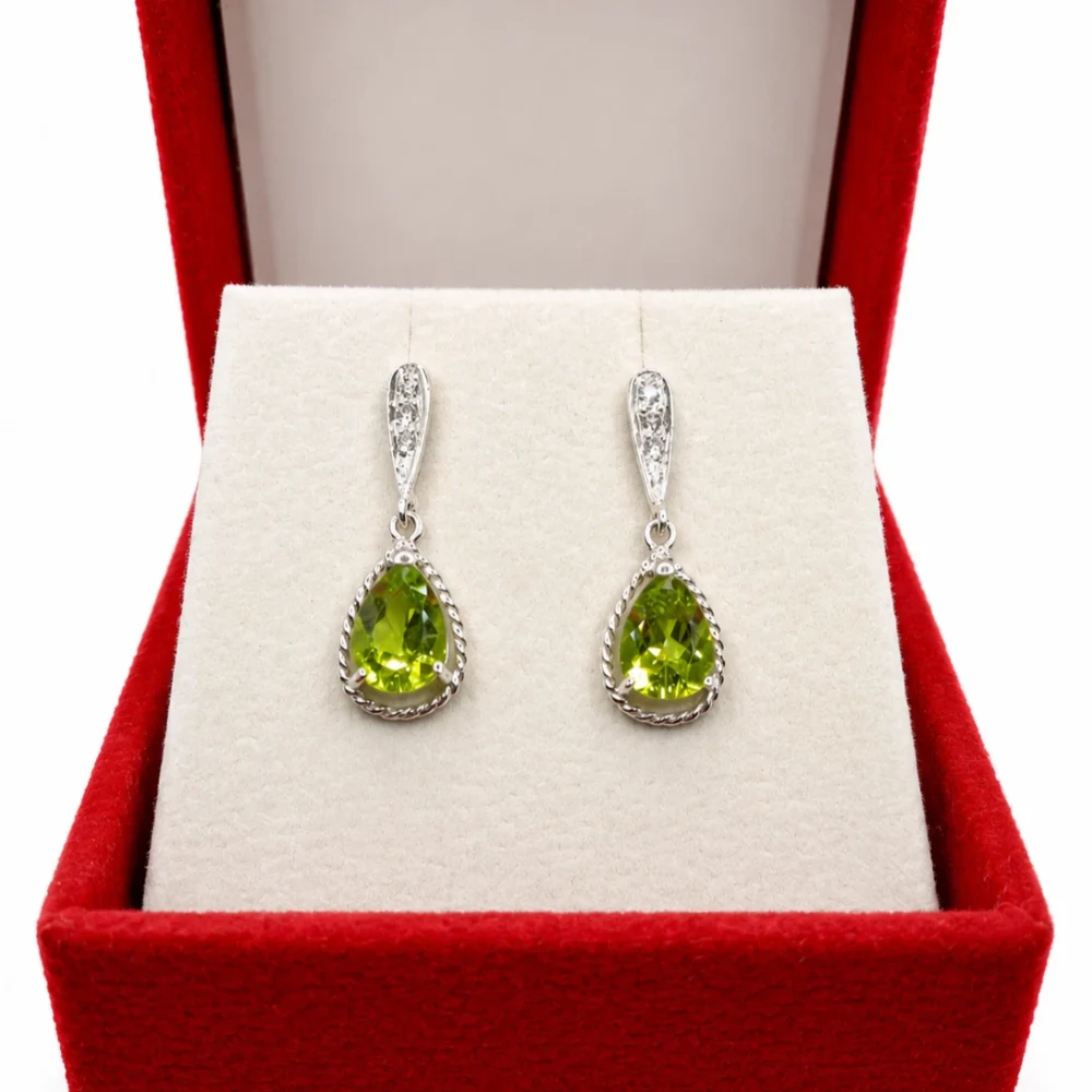 925 Silver Peridot & American Diamond Drop Earrings